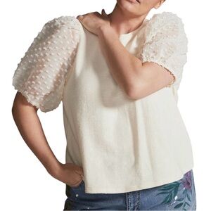 New La'Ven Sheer Pom Pom Puff Short Sleeve Slub Knit Top Off White Size Medium